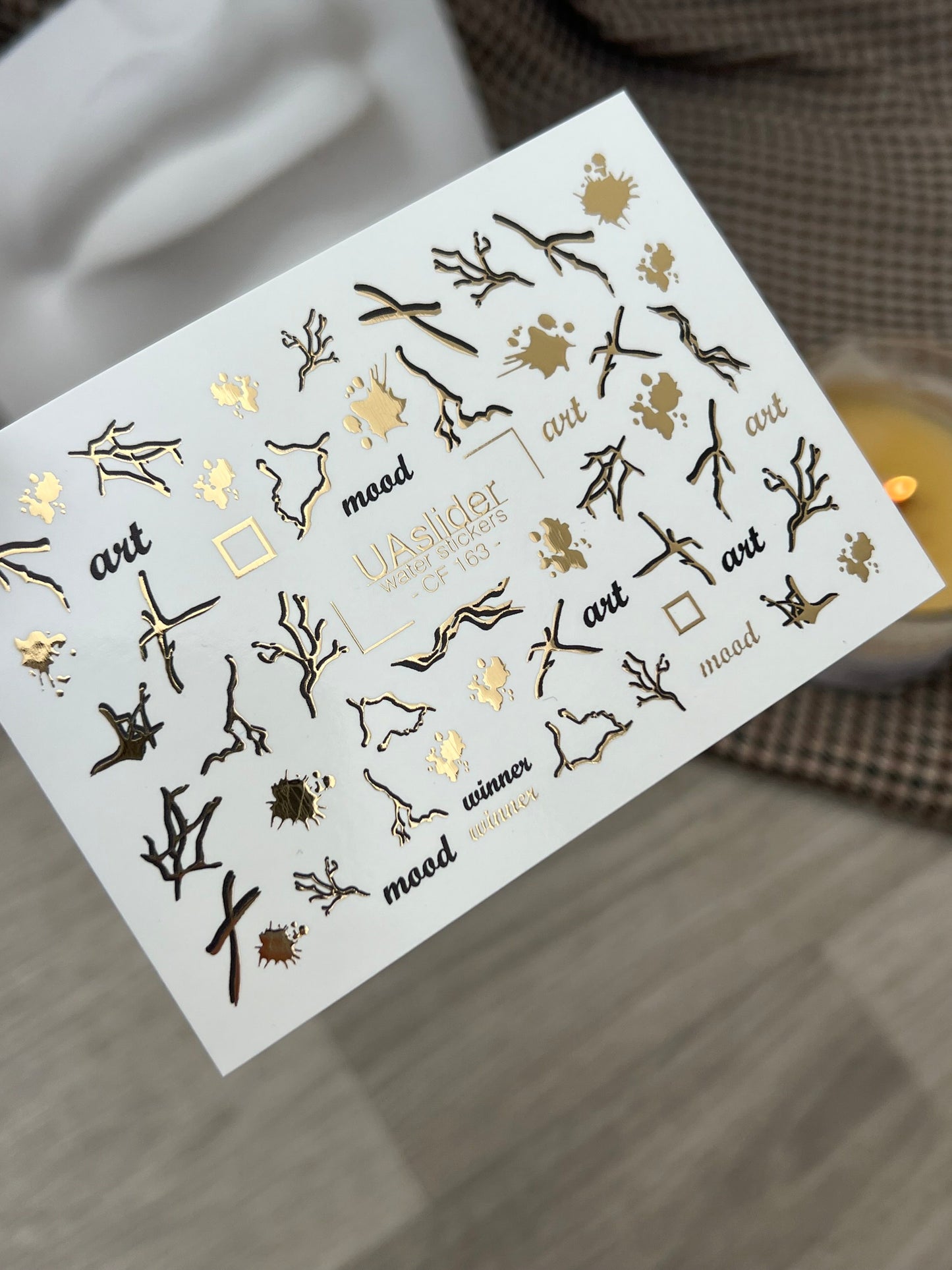 Nail Water Decal CF-163 | Abstract Nail Art Water Decals | Gold Branches, Ink Splashes & Minimalist Words