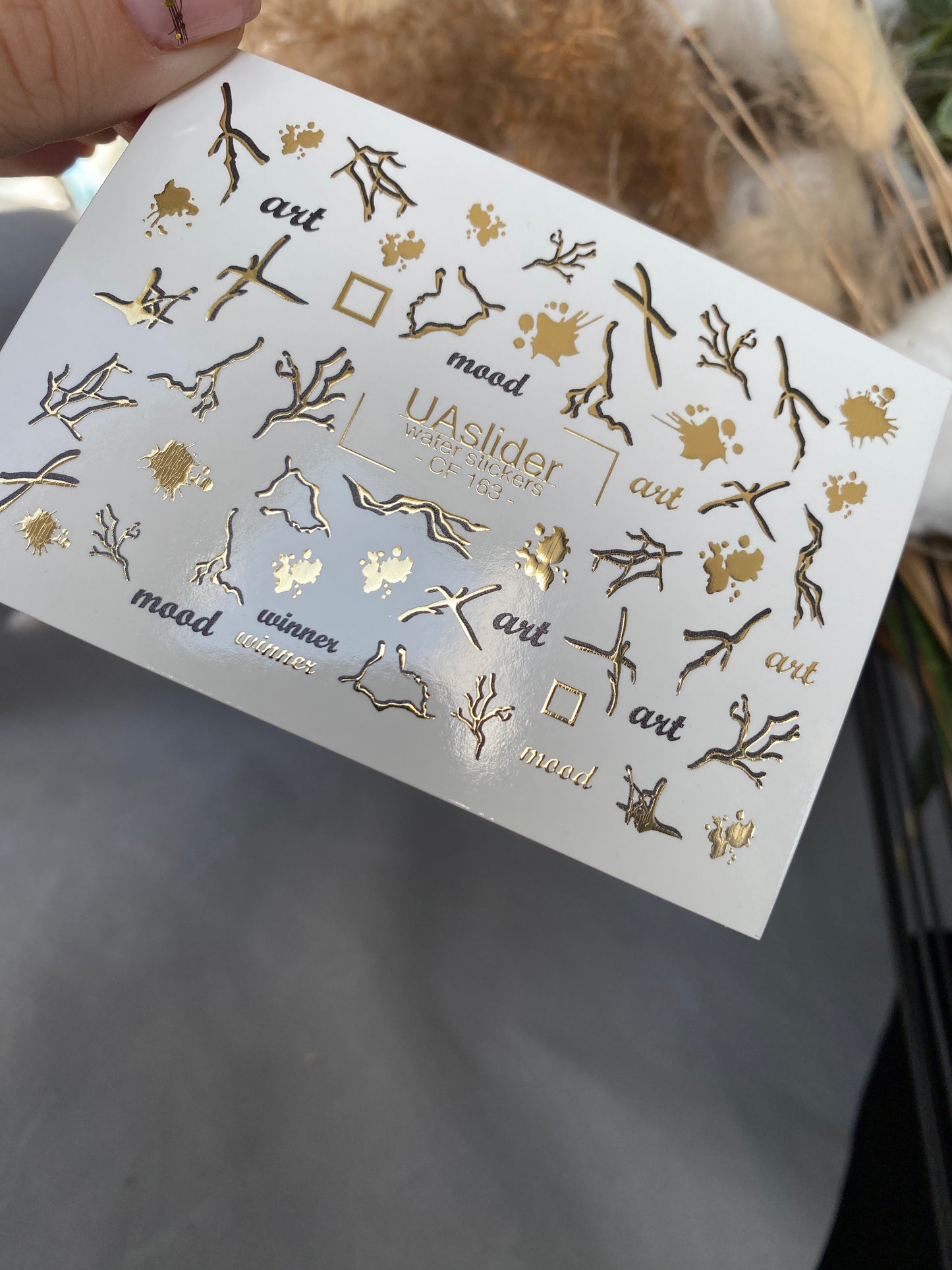 Nail Water Decal CF-163 | Abstract Nail Art Water Decals | Gold Branches, Ink Splashes & Minimalist Words