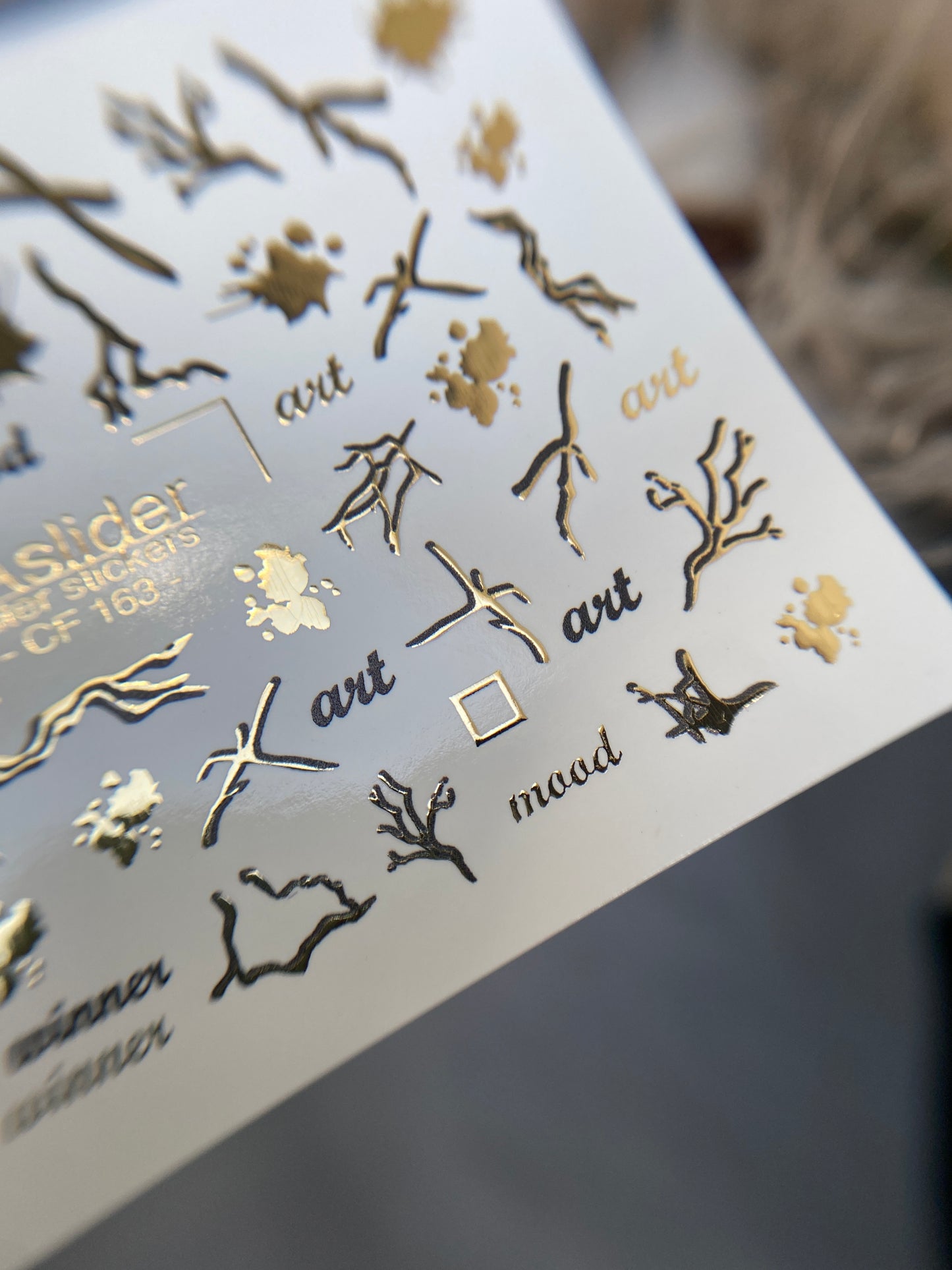 Nail Water Decal CF-163 | Abstract Nail Art Water Decals | Gold Branches, Ink Splashes & Minimalist Words