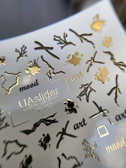 Nail Water Decal CF-163 | Abstract Nail Art Water Decals | Gold Branches, Ink Splashes & Minimalist Words