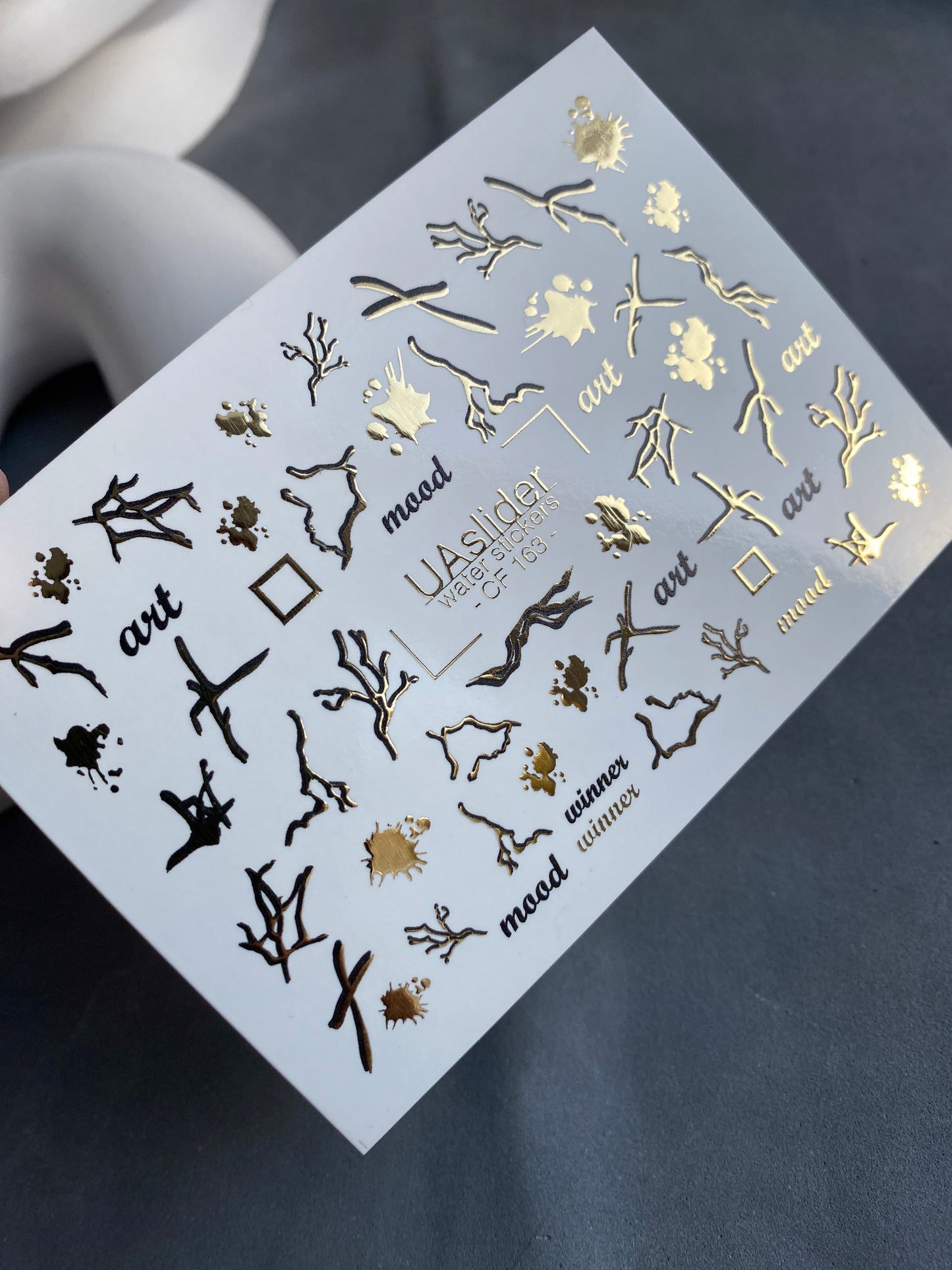 Nail Water Decal CF-163 | Abstract Nail Art Water Decals | Gold Branches, Ink Splashes & Minimalist Words