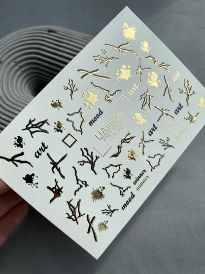 Nail Water Decal CF-163 | Abstract Nail Art Water Decals | Gold Branches, Ink Splashes & Minimalist Words