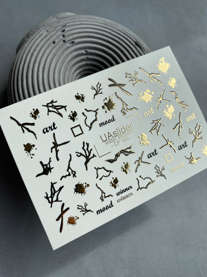 Nail Water Decal CF-163 | Abstract Nail Art Water Decals | Gold Branches, Ink Splashes & Minimalist Words