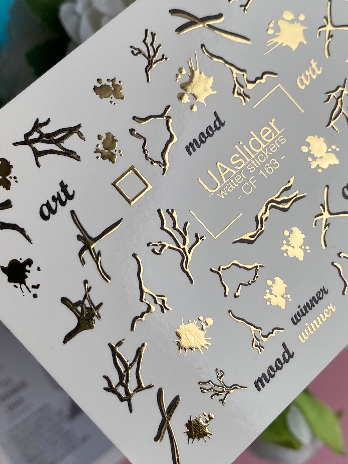 Nail Water Decal CF-163 | Abstract Nail Art Water Decals | Gold Branches, Ink Splashes & Minimalist Words