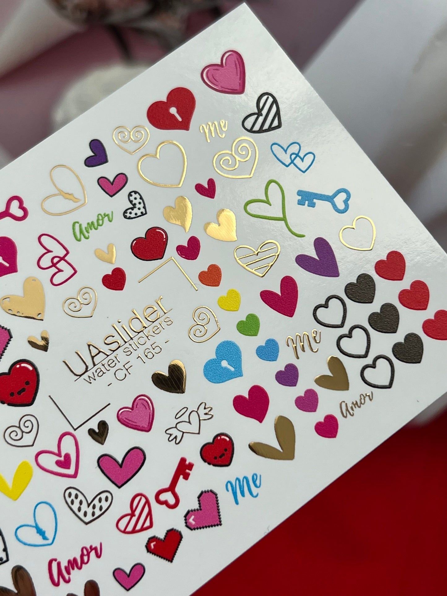 Adesivo per unghie ad acqua CF-165 | Adesivi per unghie ad acqua Love Nail Art | Cuori, chiavi e adesivi con scritte Amor