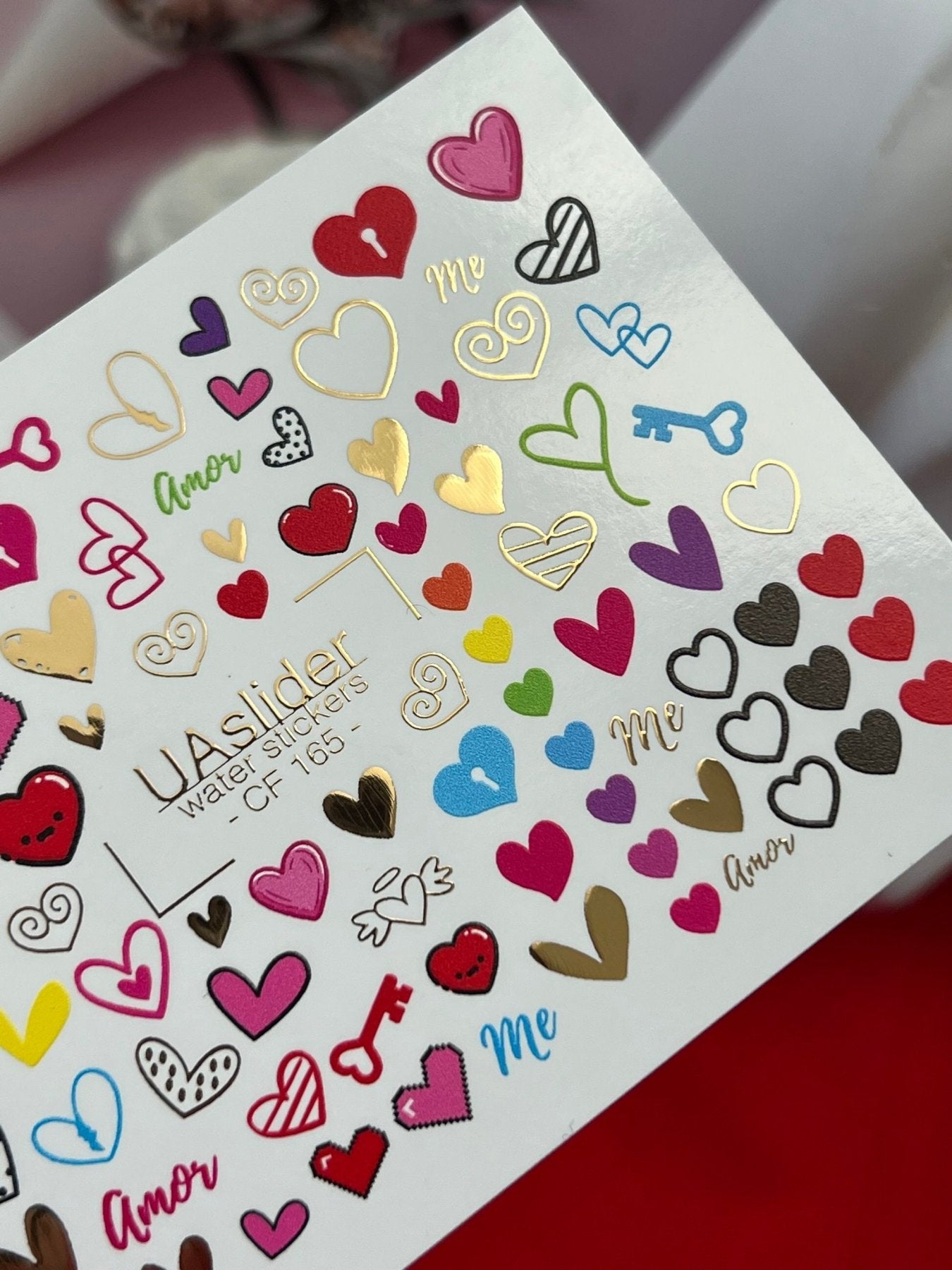 Nail Water Decal CF-165 | Love Nail Art Water Decals | Hearts, Keys & Amor Lettering Stickers - UASLIDER