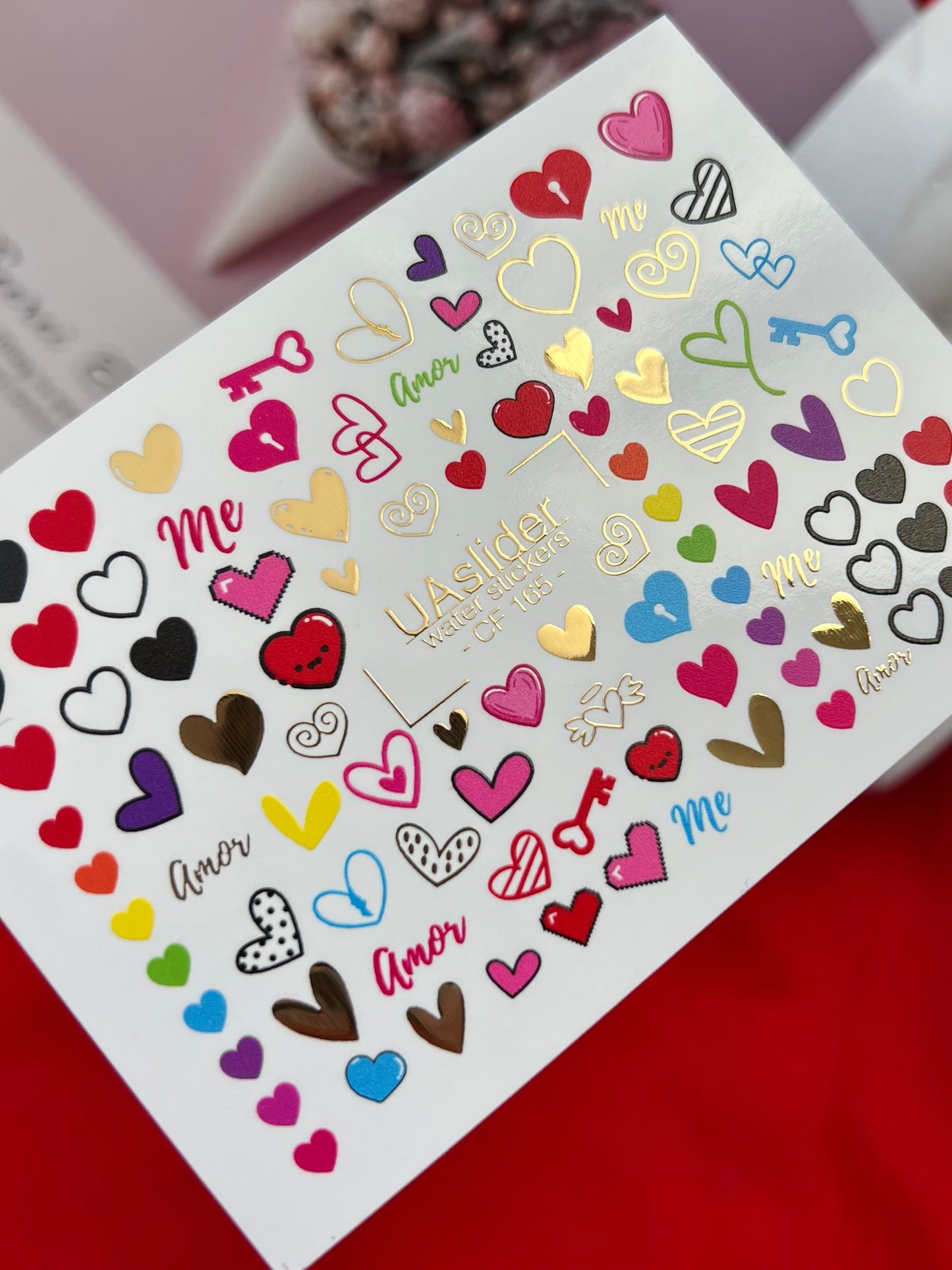 Adesivo per unghie ad acqua CF-165 | Adesivi per unghie ad acqua Love Nail Art | Cuori, chiavi e adesivi con scritte Amor
