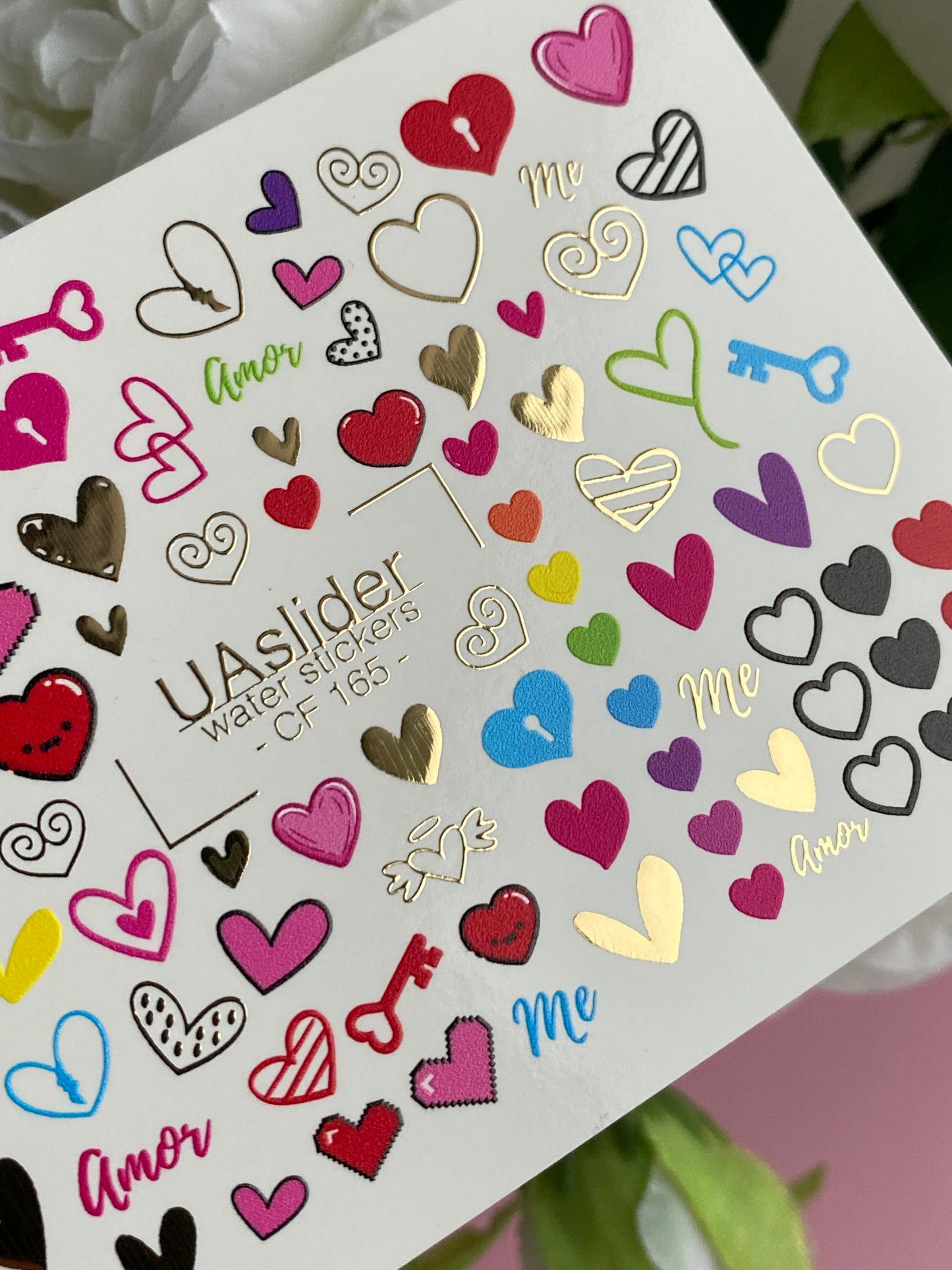 Adesivo per unghie ad acqua CF-165 | Adesivi per unghie ad acqua Love Nail Art | Cuori, chiavi e adesivi con scritte Amor