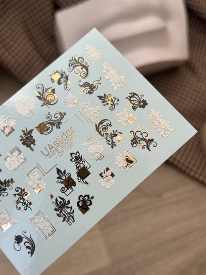 Nagel Wasserabziehbild CF-166 | Elegante Nagelkunst Wasserabziehbilder | Schwarze, Weiße & Goldene Blumenornamente