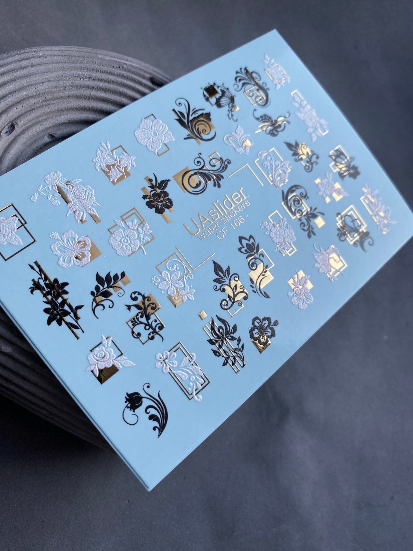 Nail Water Decal CF-166 | Elegant Nail Art Water Decals | Black, White & Gold Floral Ornaments - UASLIDER