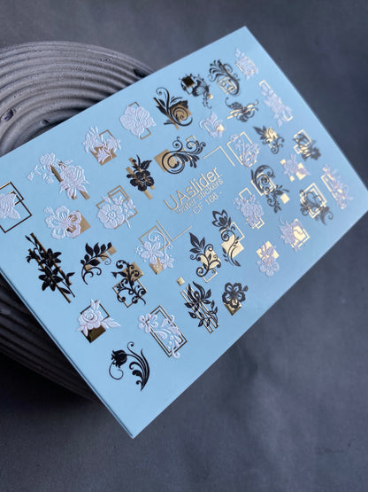 Nagel Wasserabziehbild CF-166 | Elegante Nagelkunst Wasserabziehbilder | Schwarze, Weiße & Goldene Blumenornamente