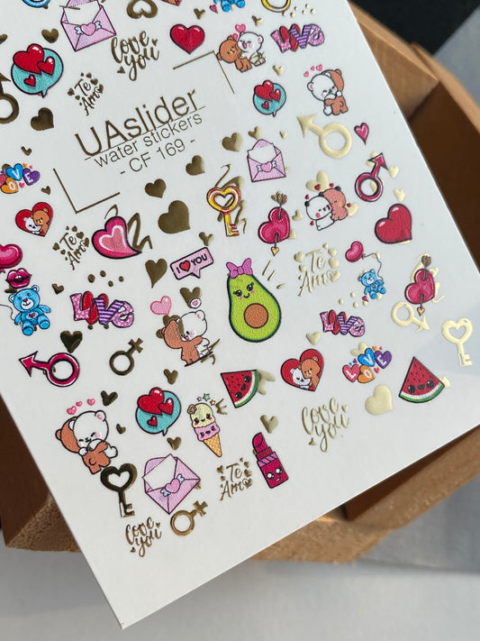 Nail Water Decal CF-169 | Cute Love Nail Water Decals | Bears, Hearts & Avocado