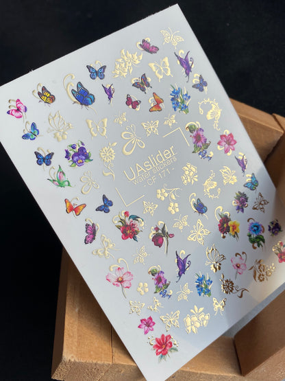 Nail Water Decal CF-171 | Water Slide Nail Decals with Butterflies & Flowers | Colorful Floral Nail Art