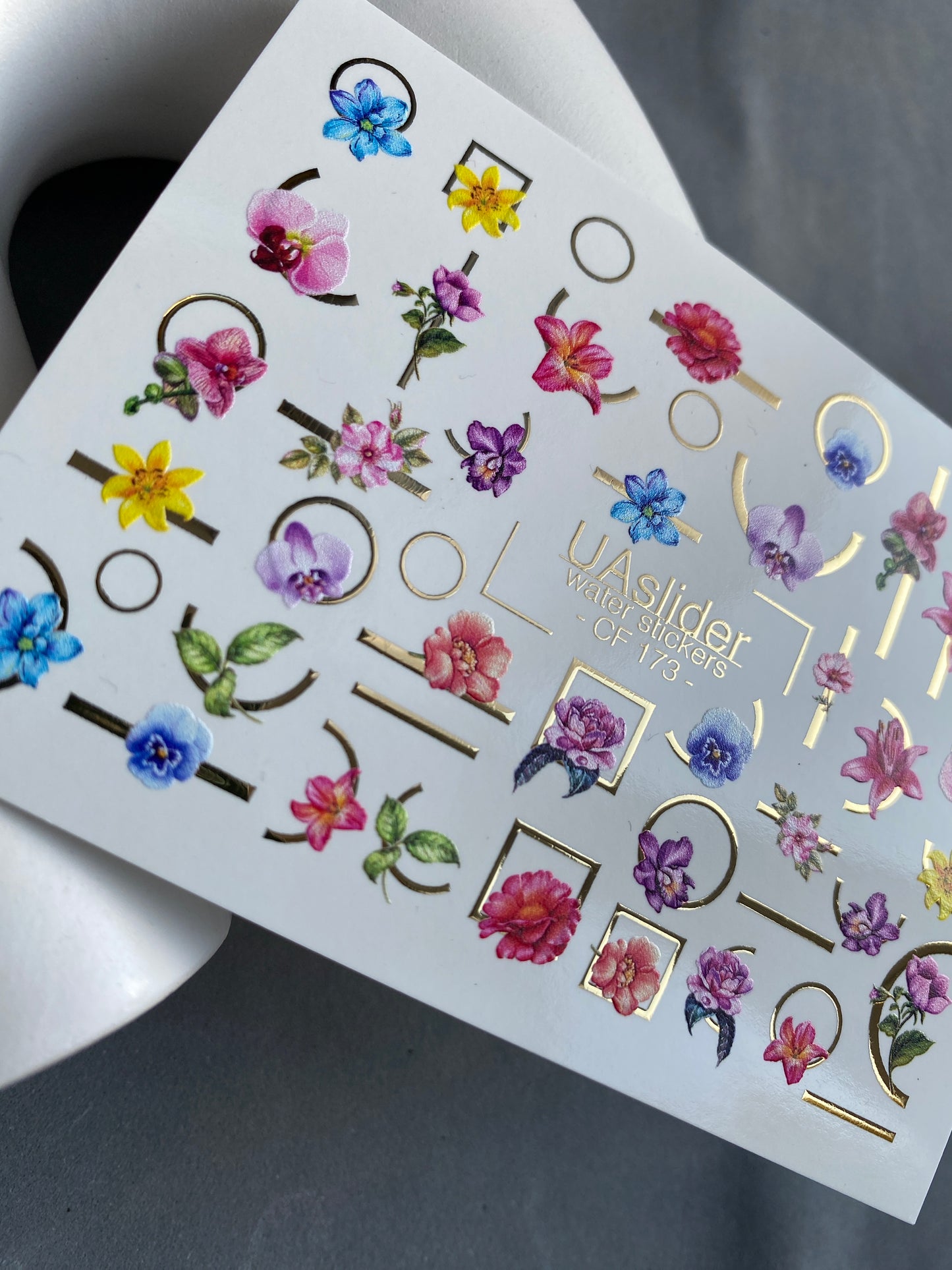 Nail Water Decal CF-173 | Colorful Floral Nail Water Decals | Orchids, Hibiscus & Geometric Accents