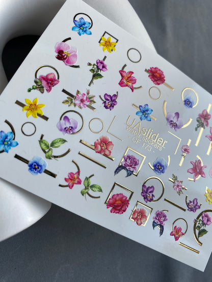 Nail Water Decal CF-173 | Colorful Floral Nail Water Decals | Orchids, Hibiscus & Geometric Accents