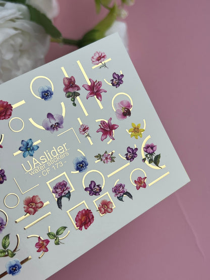 Nail Water Decal CF-173 | Colorful Floral Nail Water Decals | Orchids, Hibiscus & Geometric Accents