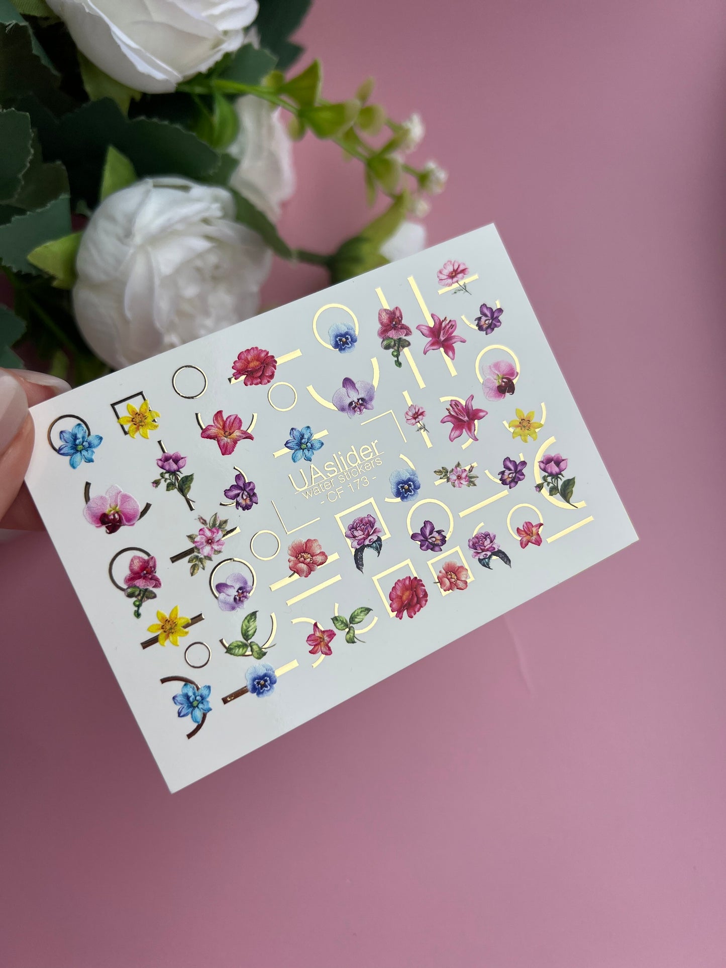 Nail Water Decal CF-173 | Colorful Floral Nail Water Decals | Orchids, Hibiscus & Geometric Accents