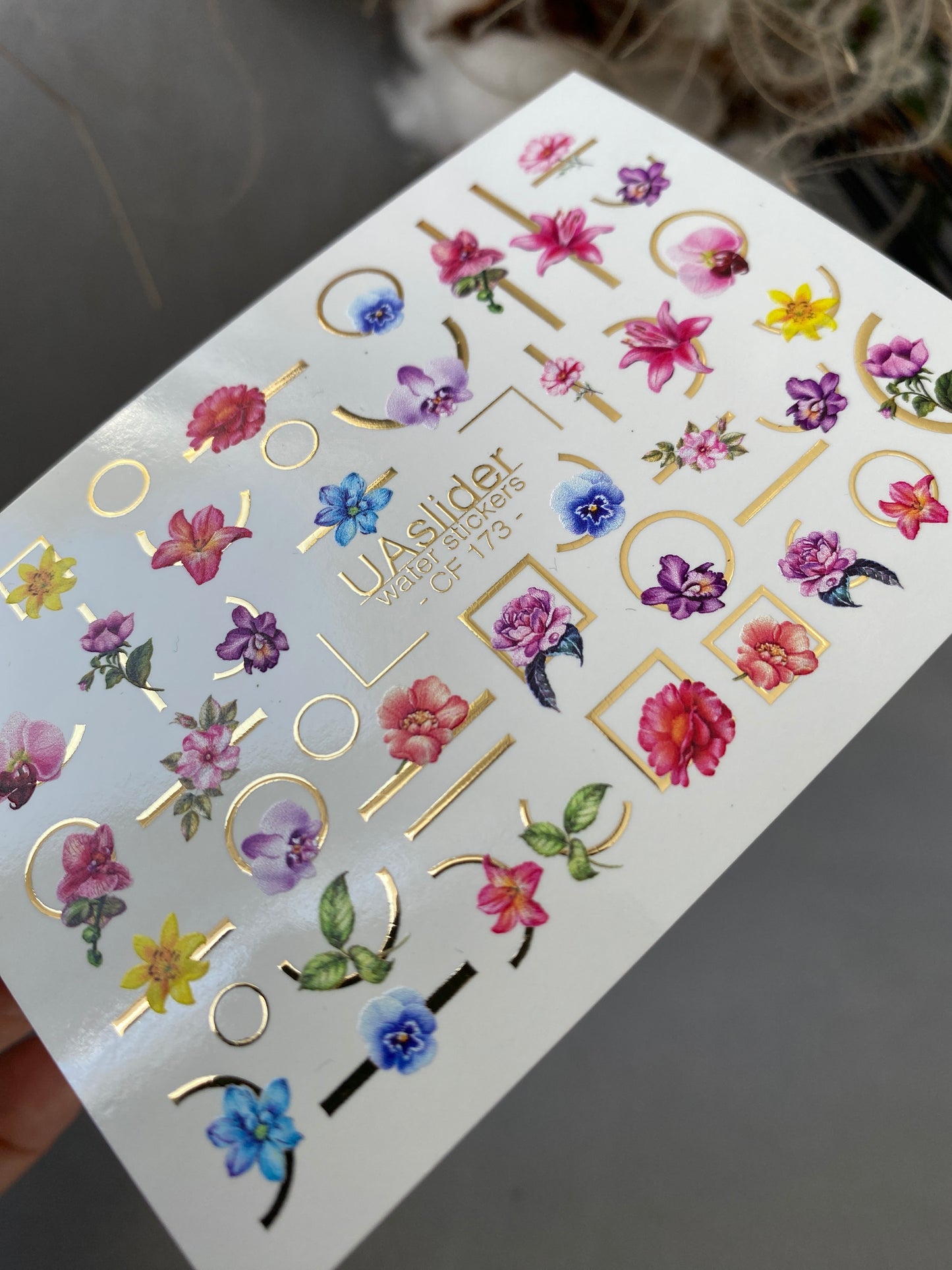 Nail Water Decal CF-173 | Colorful Floral Nail Water Decals | Orchids, Hibiscus & Geometric Accents