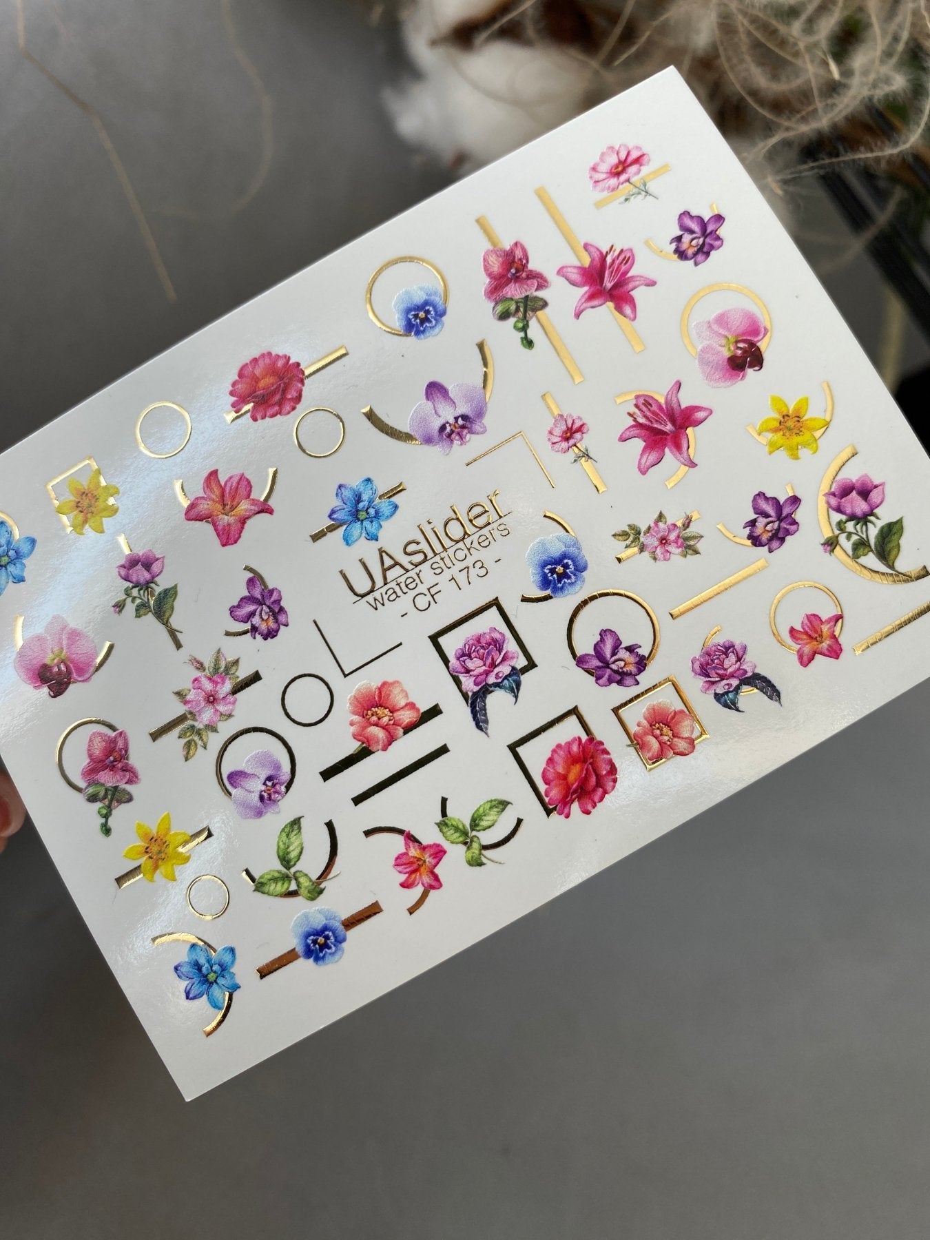 Nail Water Decal CF-173 | Colorful Floral Nail Water Decals | Orchids, Hibiscus & Geometric Accents - UASLIDER