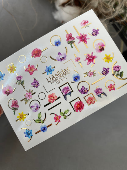 Nail Water Decal CF-173 | Colorful Floral Nail Water Decals | Orchids, Hibiscus & Geometric Accents