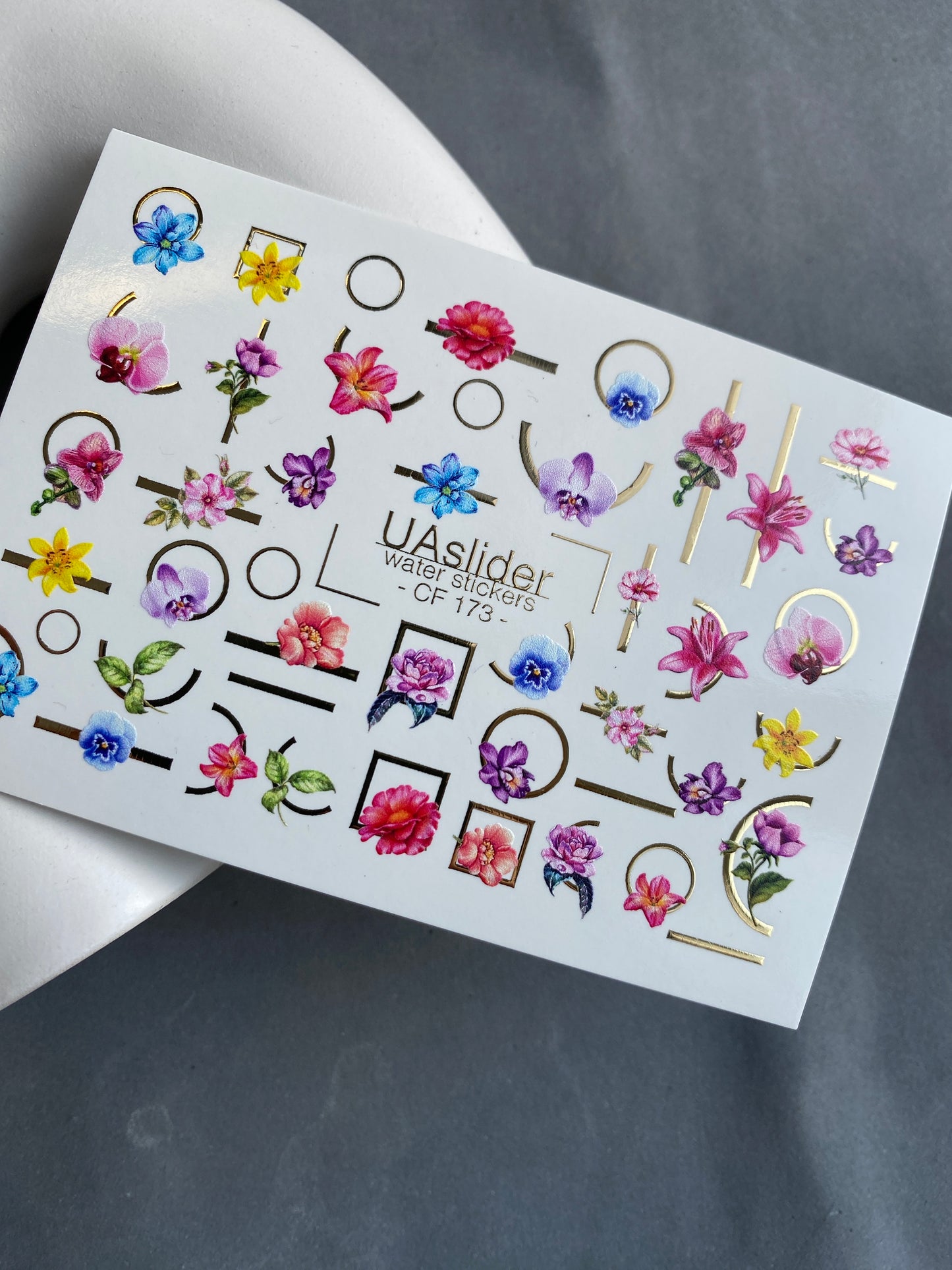 Nail Water Decal CF-173 | Colorful Floral Nail Water Decals | Orchids, Hibiscus & Geometric Accents