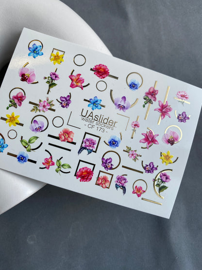 Nail Water Decal CF-173 | Colorful Floral Nail Water Decals | Orchids, Hibiscus & Geometric Accents