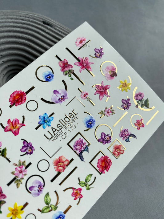 Nail Water Decal CF-173 | Colorful Floral Nail Water Decals | Orchids, Hibiscus & Geometric Accents