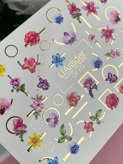 Nail Water Decal CF-173 | Colorful Floral Nail Water Decals | Orchids, Hibiscus & Geometric Accents