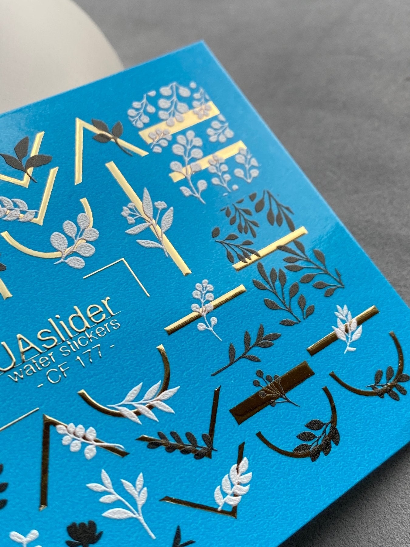 Nail Water Decal CF-177 | Minimalist Botanical Nail Water Decals | Black & White Leaves with Golden Geometry - UASLIDER