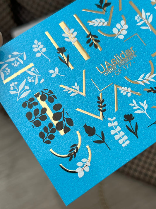 Nail Water Decal CF-177 | Minimalist Botanical Nail Water Decals | Black & White Leaves with Golden Geometry