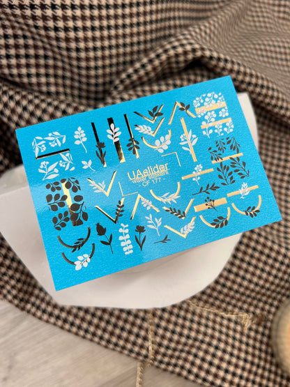 Nail Water Decal CF-177 | Minimalist Botanical Nail Water Decals | Black & White Leaves with Golden Geometry