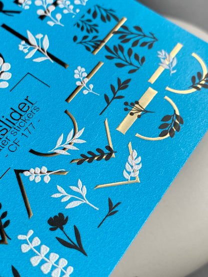 Nail Water Decal CF-177 | Minimalist Botanical Nail Water Decals | Black & White Leaves with Golden Geometry