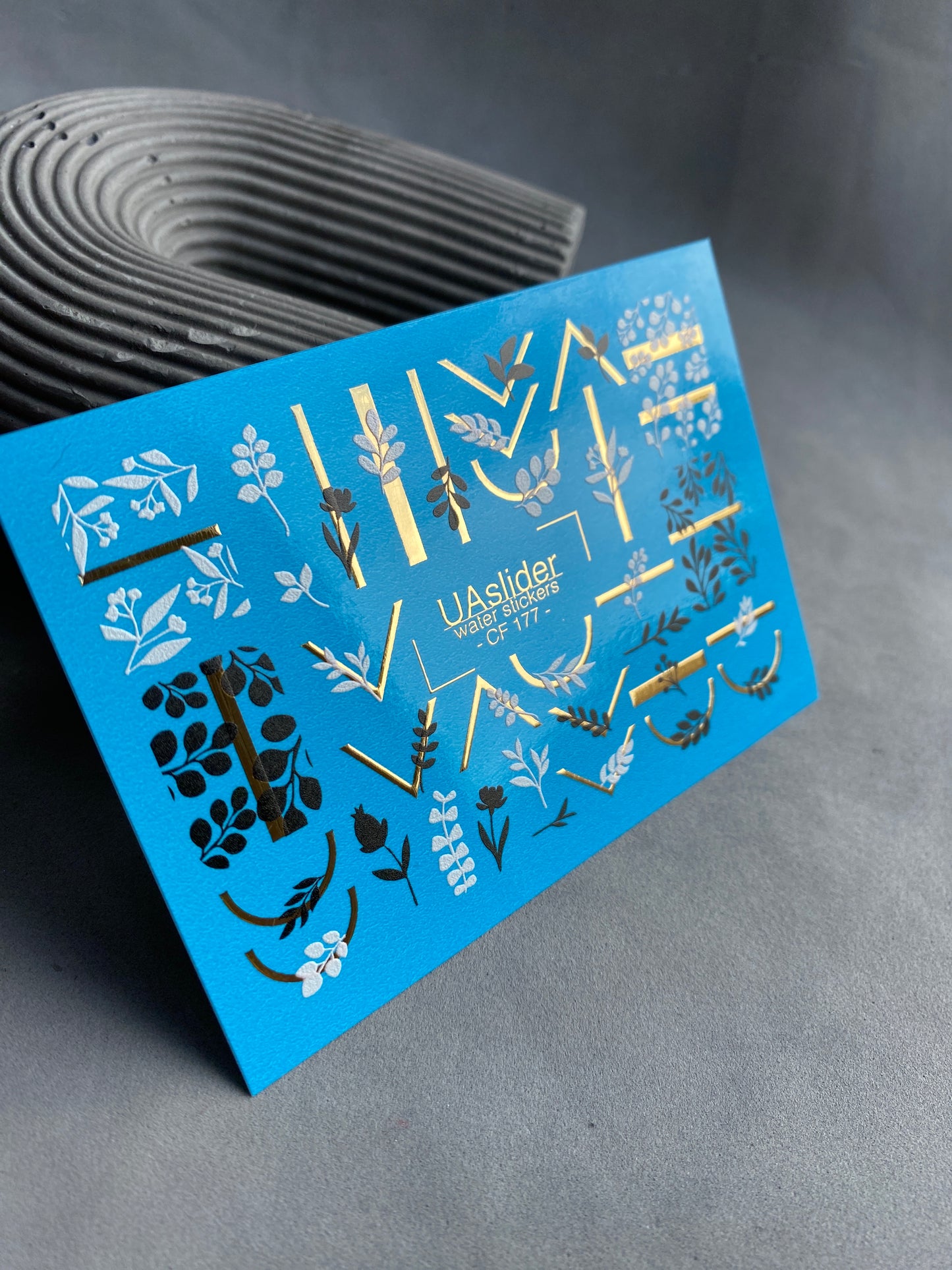 Nail Water Decal CF-177 | Minimalist Botanical Nail Water Decals | Black & White Leaves with Golden Geometry