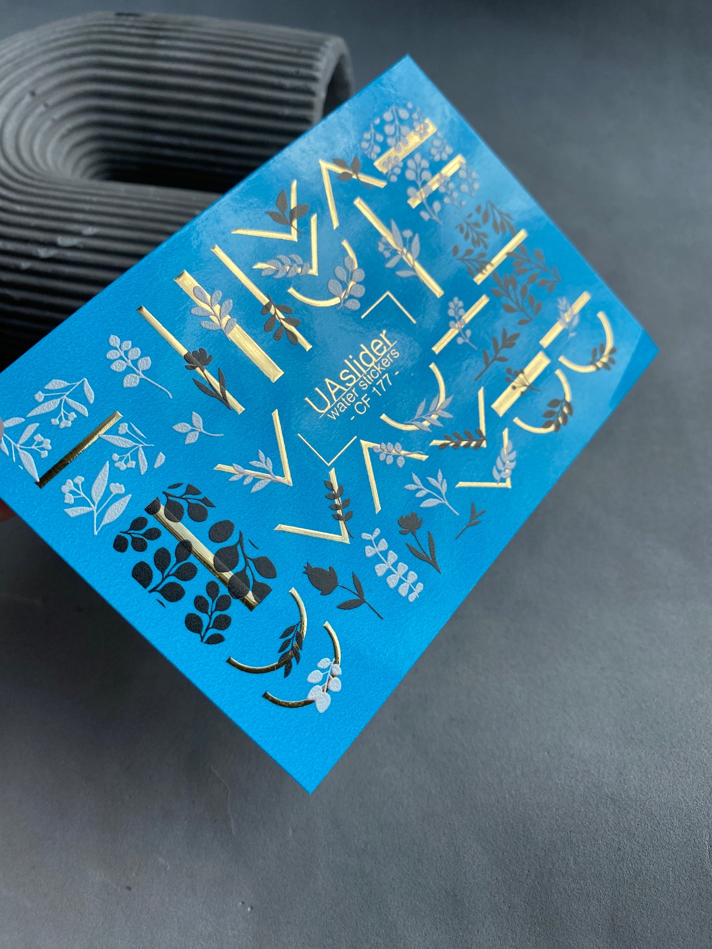 Nail Water Decal CF-177 | Minimalist Botanical Nail Water Decals | Black & White Leaves with Golden Geometry