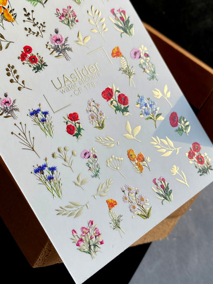 Nail Water Decal CF-178 | Wildflower Nail Water Decals | Poppies, Cornflowers & Daisies with Golden Accents