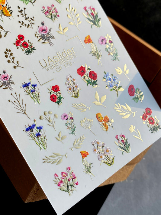 Nail Water Decal CF-178 | Wildflower Nail Water Decals | Poppies, Cornflowers & Daisies with Golden Accents