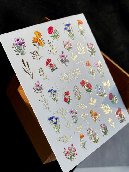 Nail Water Decal CF-178 | Wildflower Nail Water Decals | Poppies, Cornflowers & Daisies with Golden Accents