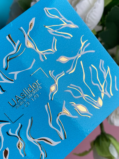 Naklejka wodna na paznokcie CF-179 | Abstrakcyjne linie naklejki wodne na paznokcie | Fale białe i złote minimalistyczny wzór