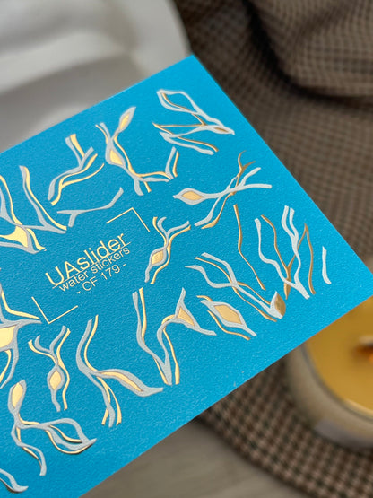 Naklejka wodna na paznokcie CF-179 | Abstrakcyjne linie naklejki wodne na paznokcie | Fale białe i złote minimalistyczny wzór