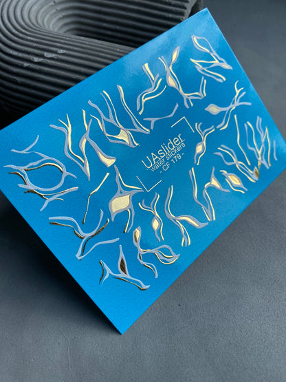 Naklejka wodna na paznokcie CF-179 | Abstrakcyjne linie naklejki wodne na paznokcie | Fale białe i złote minimalistyczny wzór