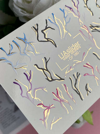 Nail Water Decal CF-180 | Abstract Nail Water Decals | Colorful & Gold Wavy Line Designs