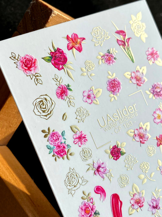 Nail Water Decal CF-183 | Nail Water Decals | Pink & Red Flowers with Gold Details