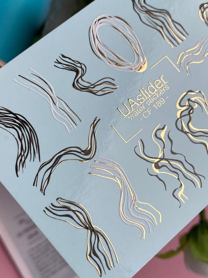 Nail Water Decal CF-189 | Nail Water Decals | Abstract Line Art with Golden Accents