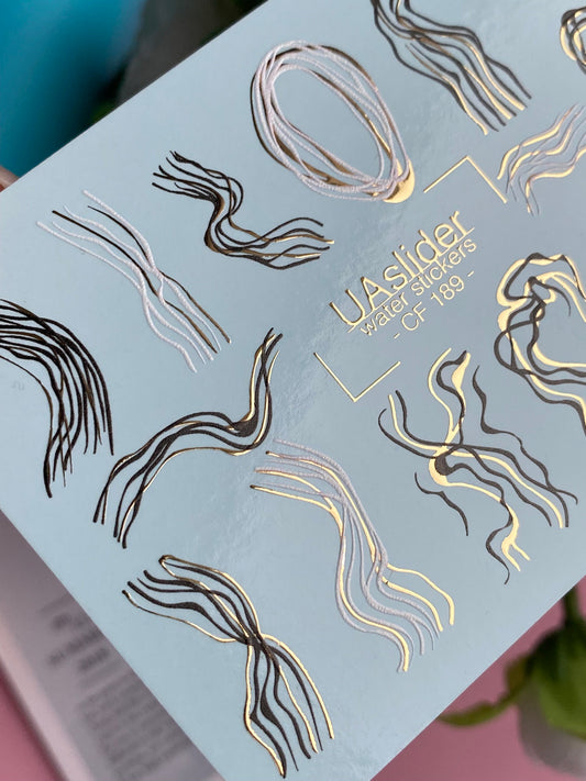 Nail Water Decal CF-189 | Nail Water Decals | Abstract Line Art with Golden Accents