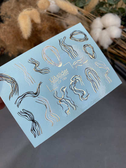 Nail Water Decal CF-189 | Nail Water Decals | Abstract Line Art with Golden Accents