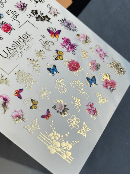 Nail Water Decal CF-195 | Nail Water Decals | Flowers, Butterflies & Golden Ornaments
