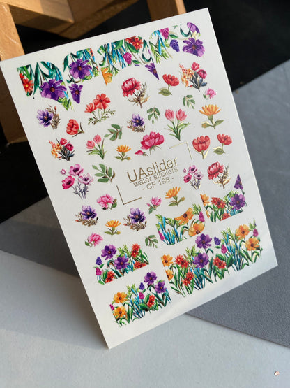 ملصق مائي للأظافر CF-198 | ملصقات مائية للأظافر | تصاميم أزهار برية ملونة ومروج