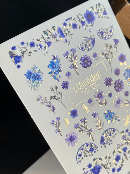 ملصق مائي للأظافر CF-200 | ملصقات مائية للأظافر | نقوش زهرية باللونين الأزرق والبنفسجي