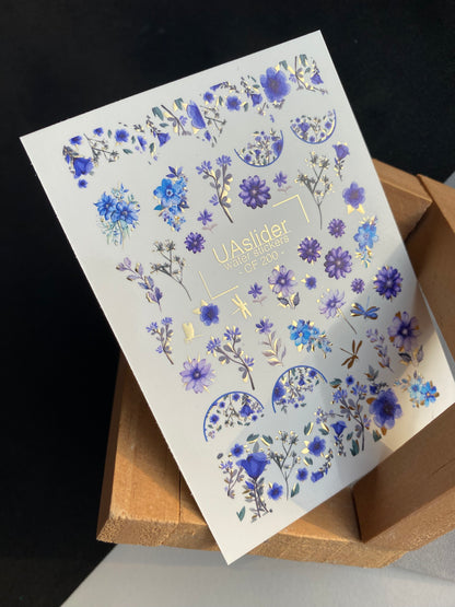 ملصق مائي للأظافر CF-200 | ملصقات مائية للأظافر | نقوش زهرية باللونين الأزرق والبنفسجي