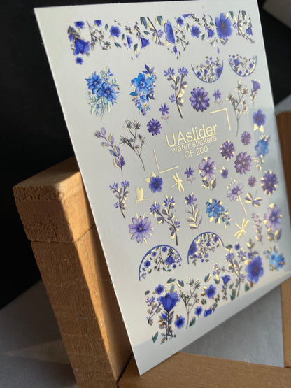 ملصق مائي للأظافر CF-200 | ملصقات مائية للأظافر | نقوش زهرية باللونين الأزرق والبنفسجي